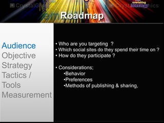Roadmap
Audience
Objective
Strategy
Tactics /
Tools
Measurement
• Who are you targeting ?
• Which social sites do they spend their time on ?
• How do they participate ?
• Considerations;
•Behavior
•Preferences
•Methods of publishing & sharing,
 