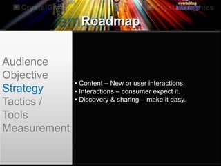 Roadmap
Audience
Objective
Strategy
Tactics /
Tools
Measurement
• Content – New or user interactions.
• Interactions – consumer expect it.
• Discovery & sharing – make it easy.
 