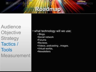 Roadmap
Audience
Objective
Strategy
Tactics /
Tools
Measurement
• what technology will we use;
• Blogs.
•Social network
•Forums
•Reviews.
•Videos, podcasting , images.
•Virtual worlds,
•Newsletters
 