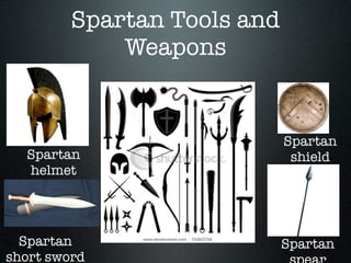 Spartan Tools and
             Weapons


                             Spartan
  Spartan                     shield
  helmet




  Spartan                    Spartan
short sword
 