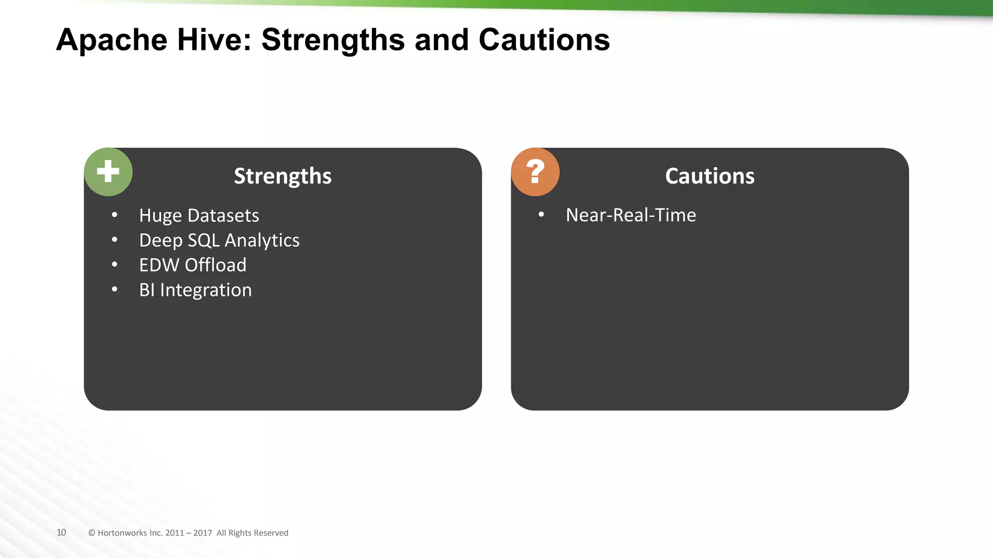 10 © Hortonworks Inc. 2011 – 2017 All Rights Reserved
Apache Hive: Strengths and Cautions
• Huge Datasets
• Deep SQL Analytics
• EDW Offload
• BI Integration
Strengths+
• Near-Real-Time
Cautions?
 
