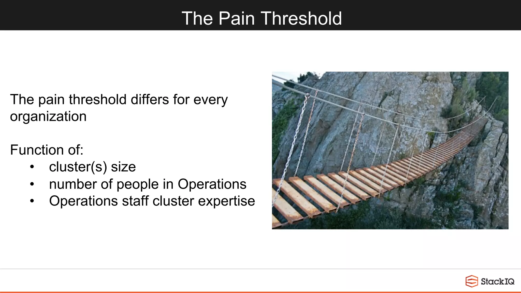 The Pain Threshold
The pain threshold differs for every
organization
Function of:
•  cluster(s) size
•  number of people in Operations
•  Operations staff cluster expertise
 