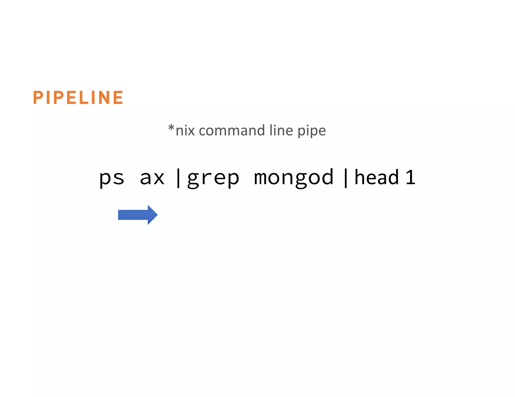 ps ax |grep mongod |head	1 *nix	command	line	pipe PIPELINE 