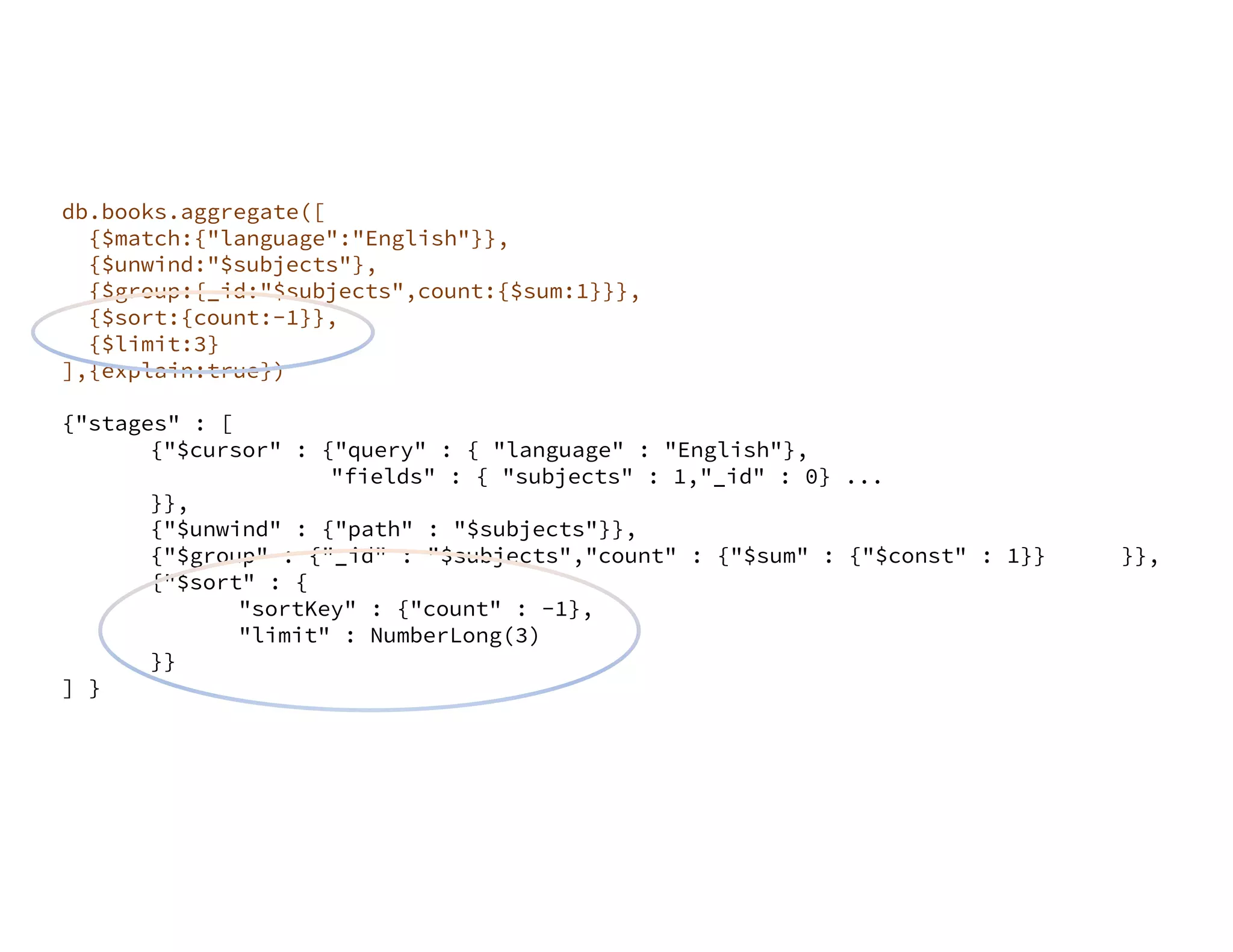 db.books.aggregate([ {$match:{"language":"English"}}, {$unwind:"$subjects"}, {$group:{_id:"$subjects",count:{$sum:1}}}, {$sort:{count:-1}}, {$limit:3} ],{explain:true}) {"stages" : [ {"$cursor" : {"query" : { "language" : "English"}, "fields" : { "subjects" : 1,"_id" : 0} ... }}, {"$unwind" : {"path" : "$subjects"}}, {"$group" : {"_id" : "$subjects","count" : {"$sum" : {"$const" : 1}} }}, {"$sort" : { "sortKey" : {"count" : -1}, "limit" : NumberLong(3) }} ] } 