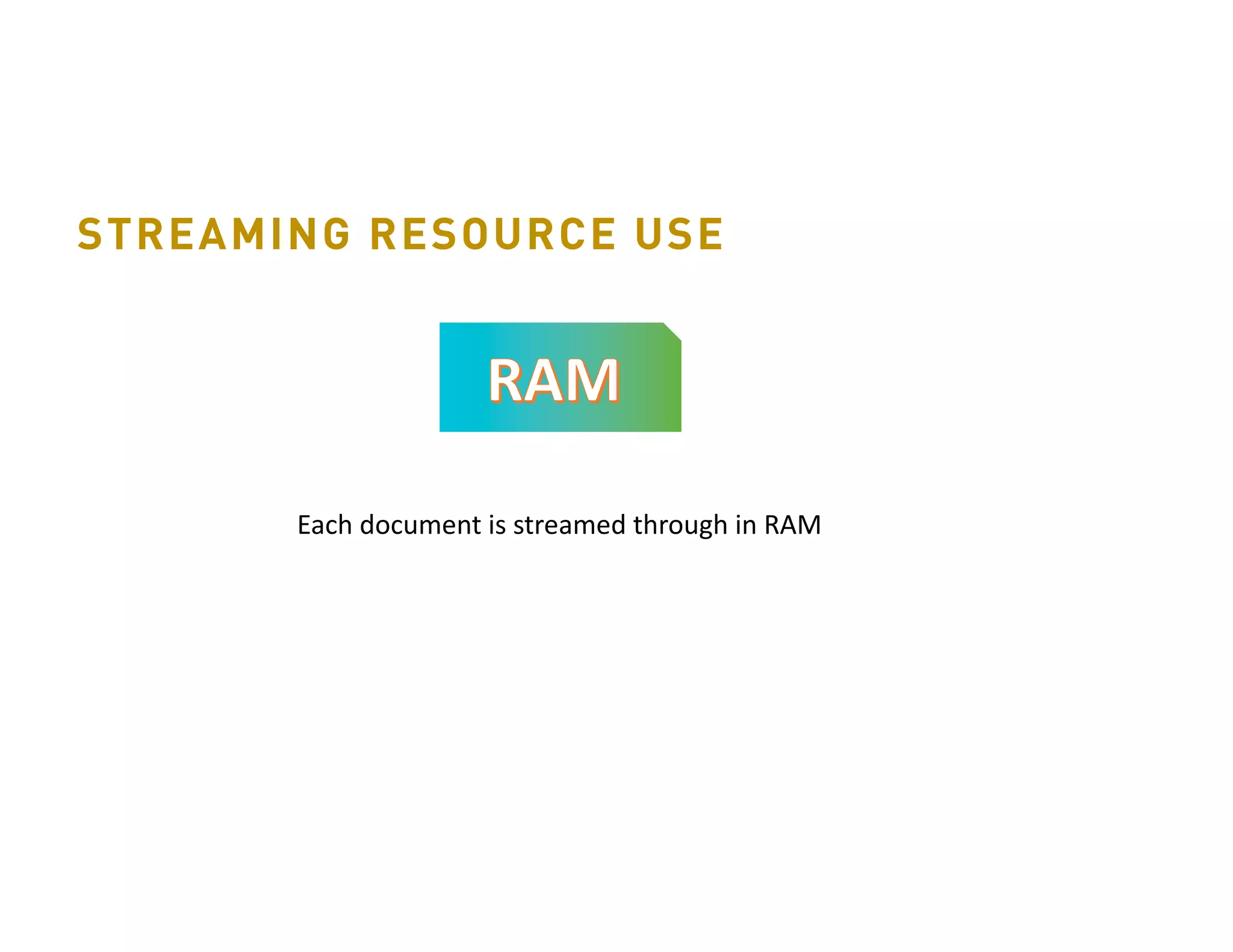 Each	document	is	streamed	through	in	RAM STREAMING RESOURCE USE 