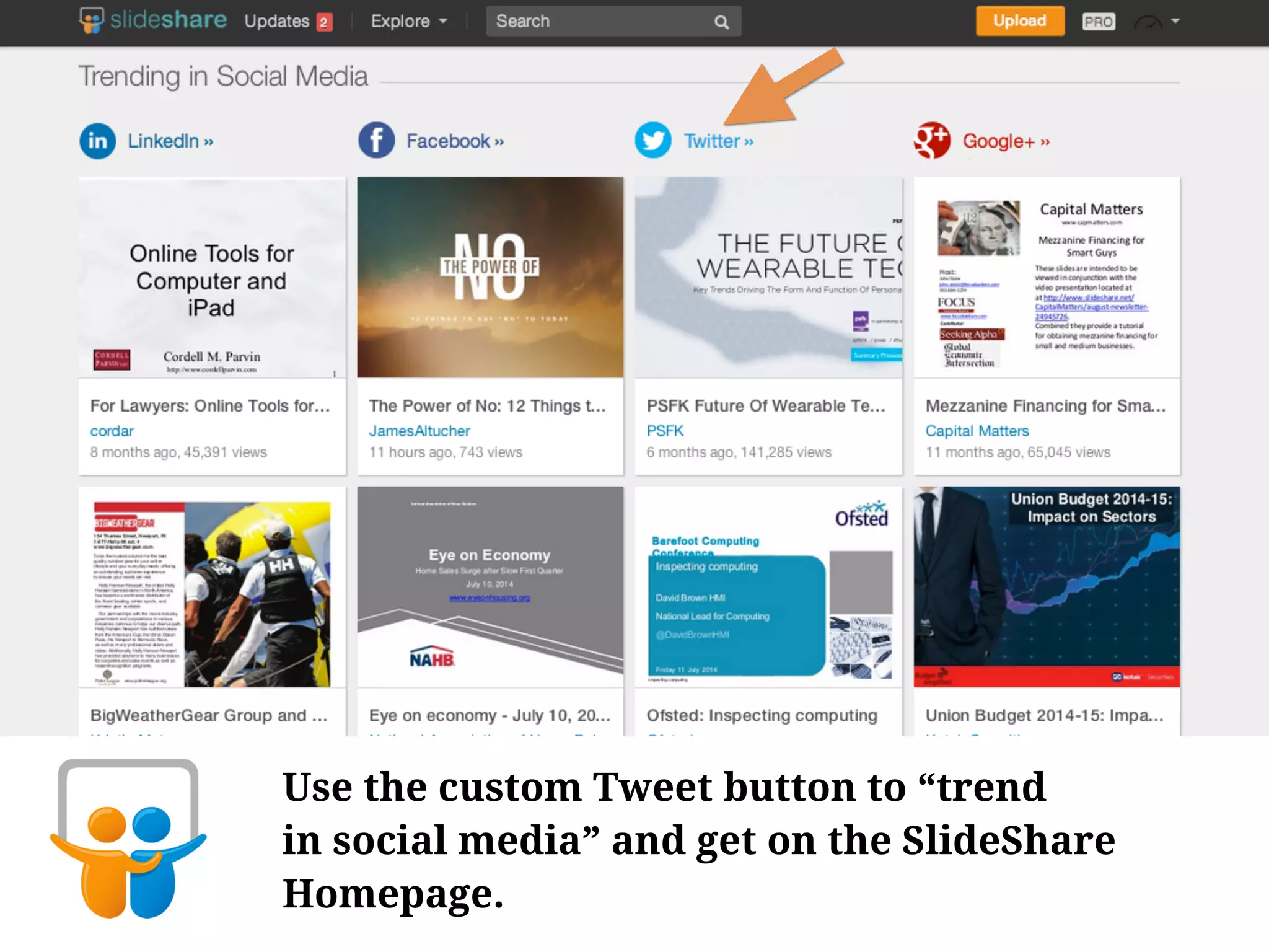 Use the custom Tweet button to “trend
in social media” and get on the SlideShare
Homepage.
 