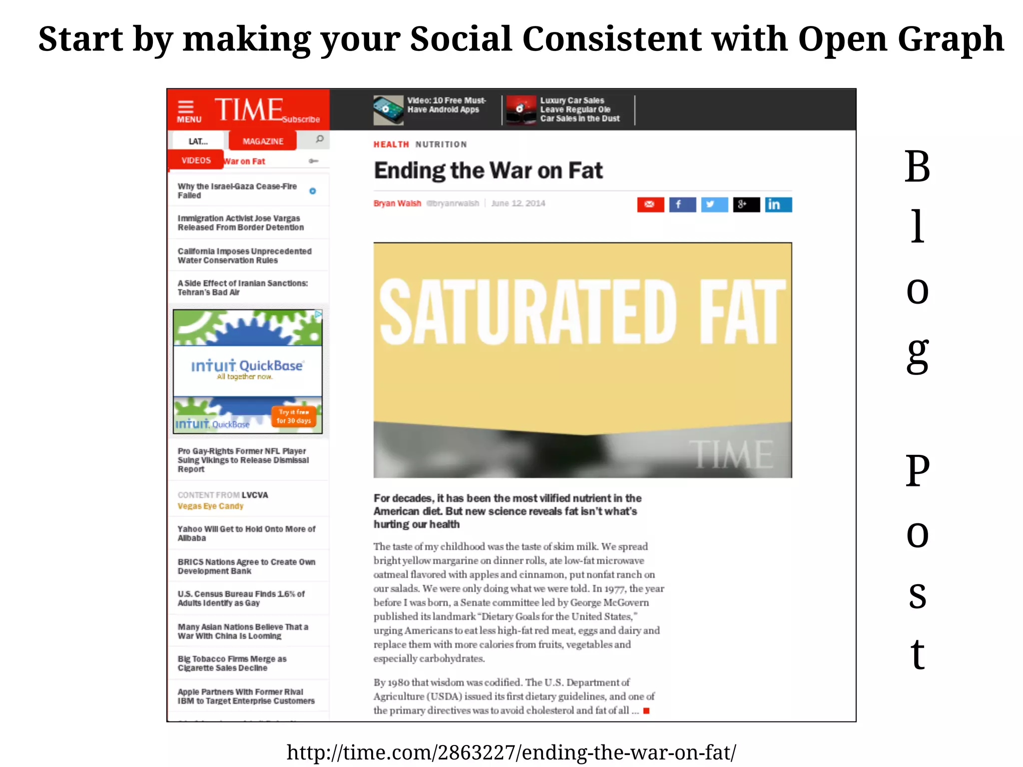 Start by making your Social Consistent with Open Graph
http://time.com/2863227/ending-the-war-on-fat/
B
l
o
g
!
P
o
s
t
 