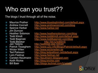 Who can you trust??
The blogs I trust through all of the noise.
   Maurice Prather     http://www.bluedoglimited.com/default.aspx
   Andrew Connell      http://www.andrewconnell.com/blog
   Spence Harbar       http://www.harbar.net
   Jim Duncan
   Heather Solomon     http://www.heathersolomon.com/blog
   Todd Klindt         http://www.toddklindt.com/default.aspx
   Todd Baginski       http://www.toddbaginski.com/blog
   Todd Bleeker                  http://bit.ly/edlSm5
    Jan Tielens         http://weblogs.asp.net/jan
   Patrick Tisseghem   http://www.u2u.info/Blogs/Patrick/default.aspx
   Wictor Wilen        http://www.wictorwilen.se
   Ted Patisson        http://blog.tedpattison.net/default.aspx
   Lars Fastrup        http://www.fastrup.net
   Carsten Keutmann    http://keutmann.blogspot.com
   Keith Richie        http://blog.krichie.com
   Bill Baer           http://blogs.technet.com/b/wbaer
 