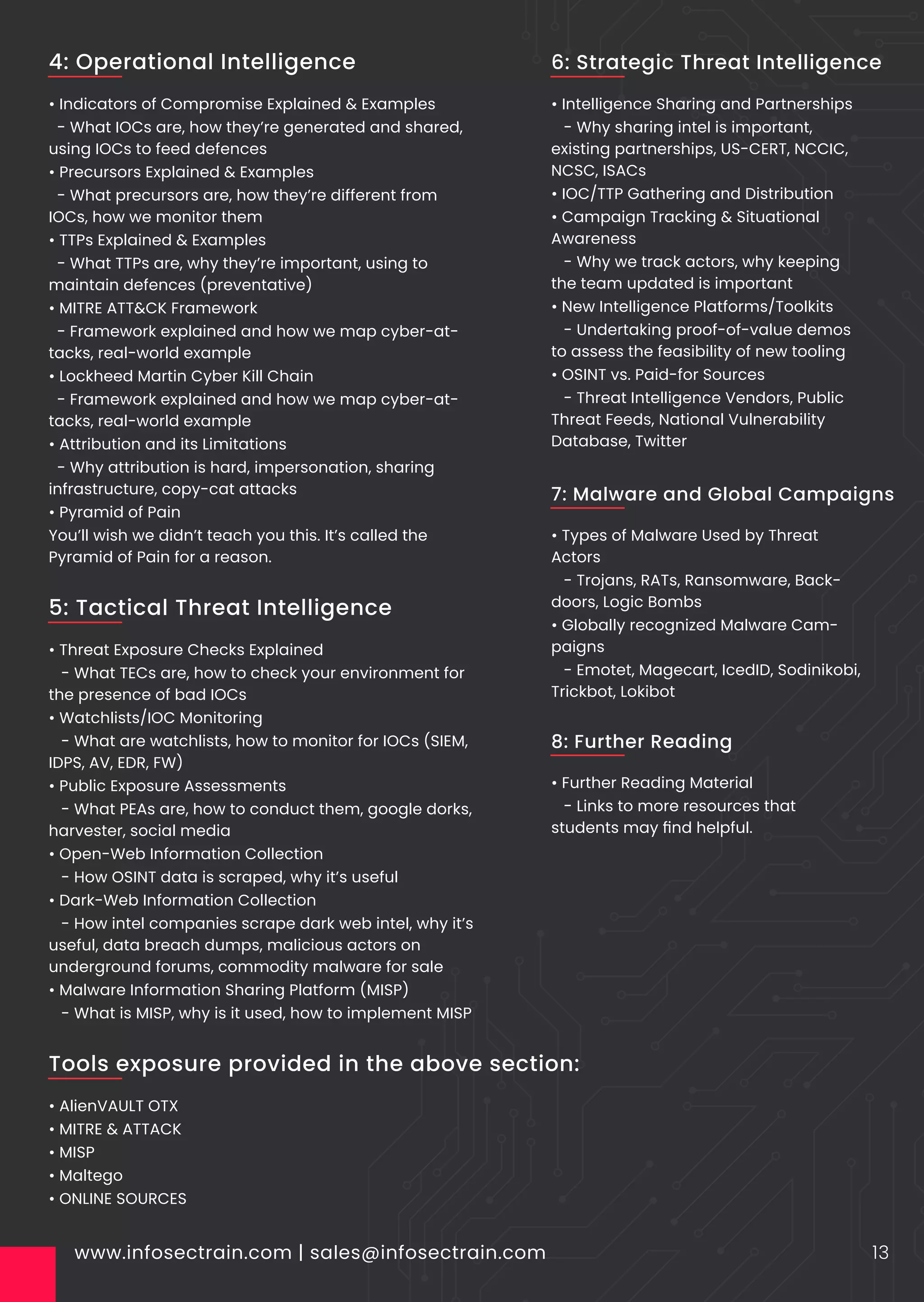 www.infosectrain.com | sales@infosectrain.com 13
• Indicators of Compromise Explained & Examples
- What IOCs are, how they’re generated and shared,
using IOCs to feed defences
• Precursors Explained & Examples
- What precursors are, how they’re different from
IOCs, how we monitor them
• TTPs Explained & Examples
- What TTPs are, why they’re important, using to
maintain defences (preventative)
• MITRE ATT&CK Framework
- Framework explained and how we map cyber-at-
tacks, real-world example
• Lockheed Martin Cyber Kill Chain
- Framework explained and how we map cyber-at-
tacks, real-world example
• Attribution and its Limitations
- Why attribution is hard, impersonation, sharing
infrastructure, copy-cat attacks
• Pyramid of Pain
You’ll wish we didn’t teach you this. It’s called the
Pyramid of Pain for a reason.
4: Operational Intelligence
• Intelligence Sharing and Partnerships
- Why sharing intel is important,
existing partnerships, US-CERT, NCCIC,
NCSC, ISACs
• IOC/TTP Gathering and Distribution
• Campaign Tracking & Situational
Awareness
- Why we track actors, why keeping
the team updated is important
• New Intelligence Platforms/Toolkits
- Undertaking proof-of-value demos
to assess the feasibility of new tooling
• OSINT vs. Paid-for Sources
- Threat Intelligence Vendors, Public
Threat Feeds, National Vulnerability
Database, Twitter
6: Strategic Threat Intelligence
• Types of Malware Used by Threat
Actors
- Trojans, RATs, Ransomware, Back-
doors, Logic Bombs
• Globally recognized Malware Cam-
paigns
- Emotet, Magecart, IcedID, Sodinikobi,
Trickbot, Lokibot
7: Malware and Global Campaigns
• Further Reading Material
- Links to more resources that
students may ﬁnd helpful.
8: Further Reading
• Threat Exposure Checks Explained
- What TECs are, how to check your environment for
the presence of bad IOCs
• Watchlists/IOC Monitoring
- What are watchlists, how to monitor for IOCs (SIEM,
IDPS, AV, EDR, FW)
• Public Exposure Assessments
- What PEAs are, how to conduct them, google dorks,
harvester, social media
• Open-Web Information Collection
- How OSINT data is scraped, why it’s useful
• Dark-Web Information Collection
- How intel companies scrape dark web intel, why it’s
useful, data breach dumps, malicious actors on
underground forums, commodity malware for sale
• Malware Information Sharing Platform (MISP)
- What is MISP, why is it used, how to implement MISP
5: Tactical Threat Intelligence
• AlienVAULT OTX
• MITRE & ATTACK
• MISP
• Maltego
• ONLINE SOURCES
Tools exposure provided in the above section:
 
