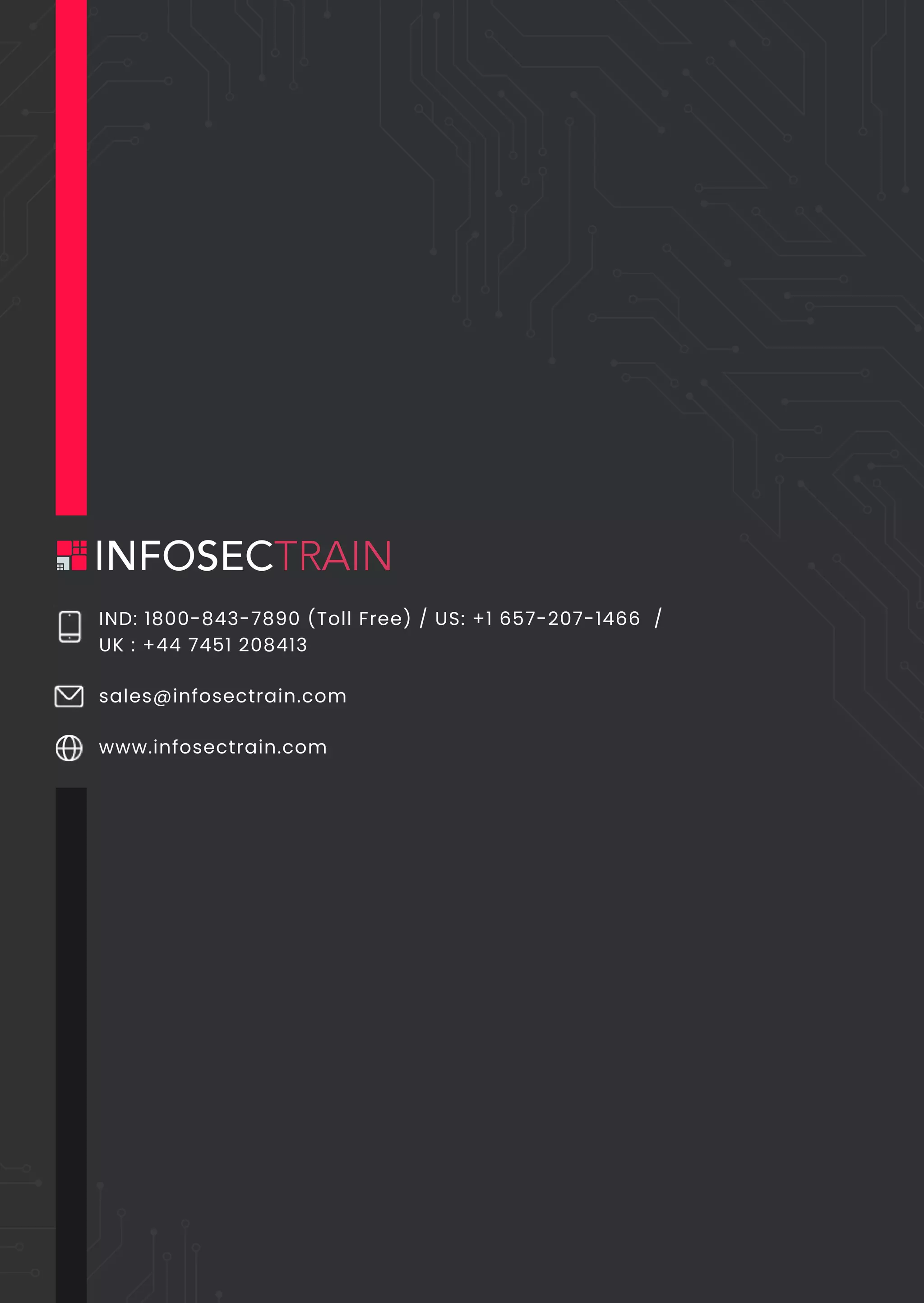 IND: 1800-843-7890 (Toll Free) / US: +1 657-207-1466 /
UK : +44 7451 208413
sales@infosectrain.com
www.infosectrain.com
 