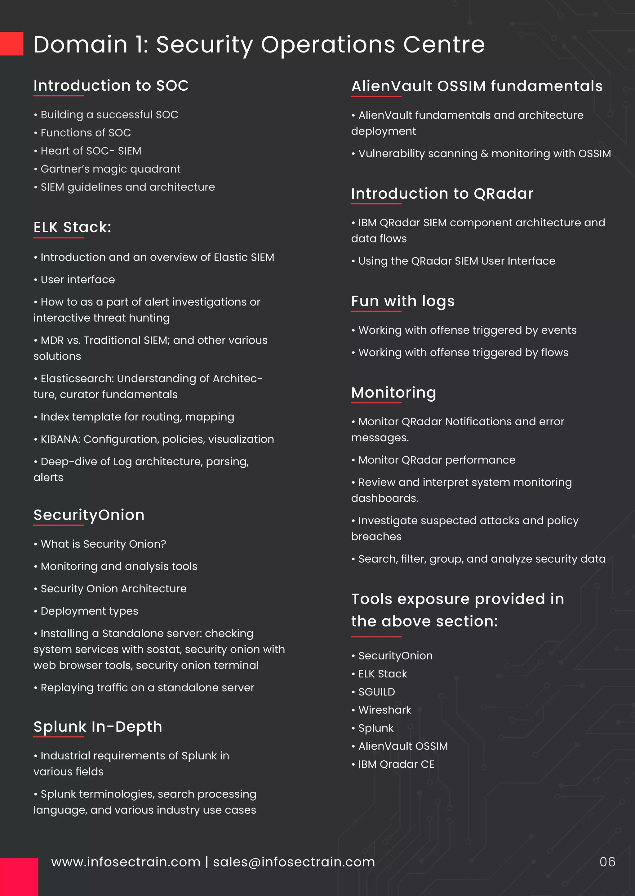 Domain 1: Security Operations Centre
• Building a successful SOC
• Functions of SOC
• Heart of SOC- SIEM
• Gartner’s magic quadrant
• SIEM guidelines and architecture
www.infosectrain.com | sales@infosectrain.com 06
Introduction to SOC
• AlienVault fundamentals and architecture
deployment
• Vulnerability scanning & monitoring with OSSIM
AlienVault OSSIM fundamentals
• IBM QRadar SIEM component architecture and
data ﬂows
• Using the QRadar SIEM User Interface
Introduction to QRadar
• Working with offense triggered by events
• Working with offense triggered by ﬂows
Fun with logs
• Monitor QRadar Notiﬁcations and error
messages.
• Monitor QRadar performance
• Review and interpret system monitoring
dashboards.
• Investigate suspected attacks and policy
breaches
• Search, ﬁlter, group, and analyze security data
Monitoring
• SecurityOnion
• ELK Stack
• SGUILD
• Wireshark
• Splunk
• AlienVault OSSIM
• IBM Qradar CE
Tools exposure provided in
the above section:
• Industrial requirements of Splunk in
various ﬁelds
• Splunk terminologies, search processing
language, and various industry use cases
Splunk In-Depth
• What is Security Onion?
• Monitoring and analysis tools
• Security Onion Architecture
• Deployment types
• Installing a Standalone server: checking
system services with sostat, security onion with
web browser tools, security onion terminal
• Replaying trafﬁc on a standalone server
SecurityOnion
• Introduction and an overview of Elastic SIEM
• User interface
• How to as a part of alert investigations or
interactive threat hunting
• MDR vs. Traditional SIEM; and other various
solutions
• Elasticsearch: Understanding of Architec-
ture, curator fundamentals
• Index template for routing, mapping
• KIBANA: Conﬁguration, policies, visualization
• Deep-dive of Log architecture, parsing,
alerts
ELK Stack:
 