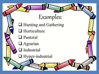 Examples:
 Hunting and Gathering
 Horticulture
 Pastoral
 Agrarian
 Industrial
 Hyper-industrial
 