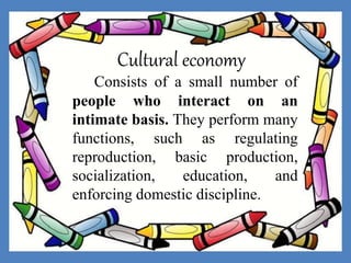 Cultural economy
Consists of a small number of
people who interact on an
intimate basis. They perform many
functions, such as regulating
reproduction, basic production,
socialization, education, and
enforcing domestic discipline.
 