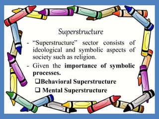 Superstructure
- “Superstructure” sector consists of
ideological and symbolic aspects of
society such as religion.
- Given the importance of symbolic
processes.
Behavioral Superstructure
 Mental Superstructure
 