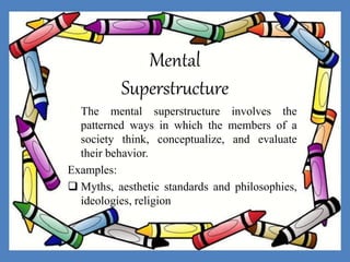 Mental
Superstructure
The mental superstructure involves the
patterned ways in which the members of a
society think, conceptualize, and evaluate
their behavior.
Examples:
 Myths, aesthetic standards and philosophies,
ideologies, religion
 