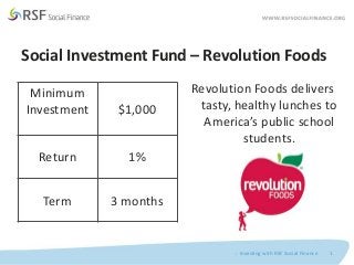 Social Investment Fund – Revolution Foods
: Investing with RSF Social Finance 1
Revolution Foods delivers
tasty, healthy lunches to
America’s public school
students.
Minimum
Investment $1,000
Return 1%
Term 3 months
 