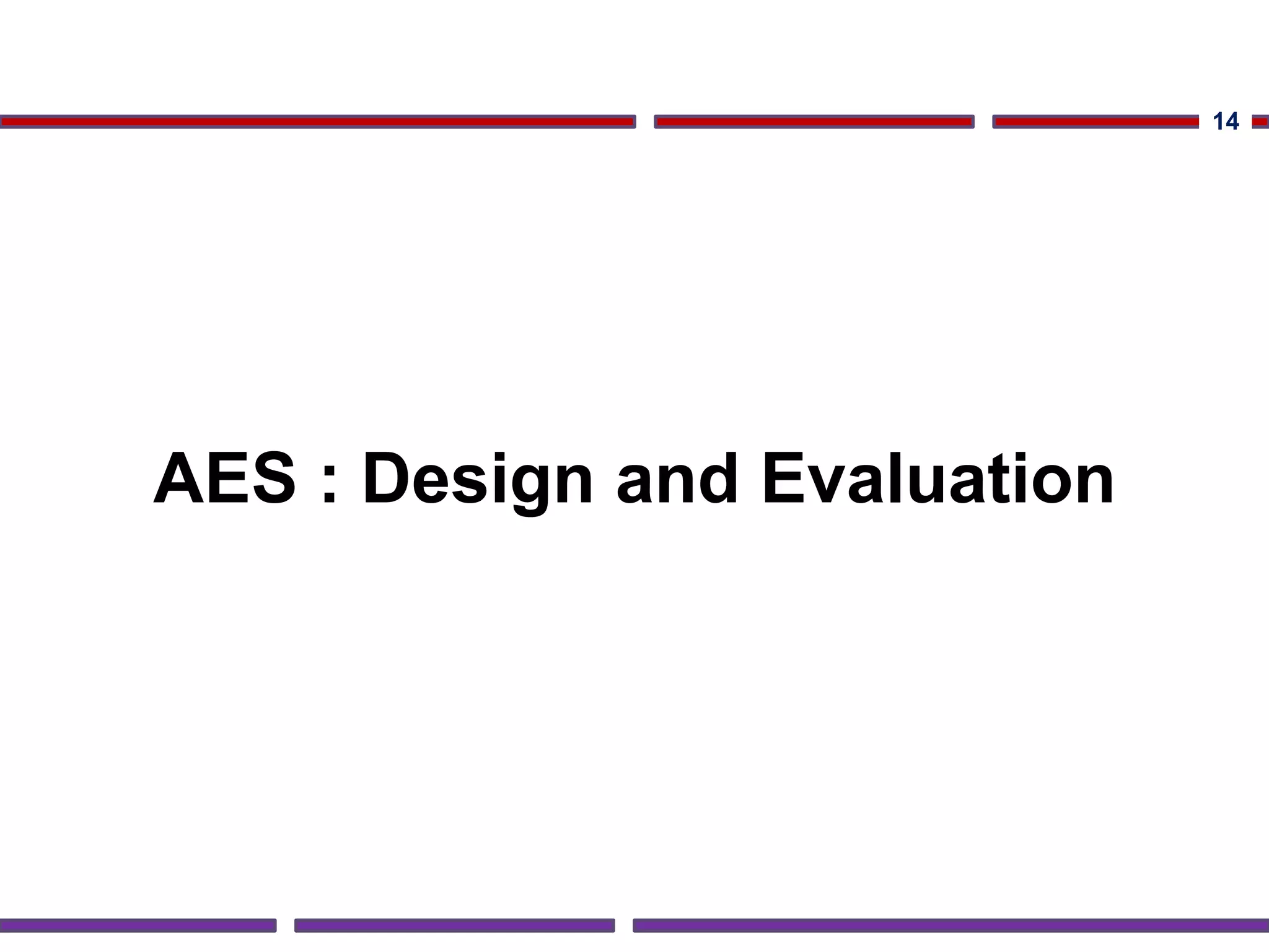 AES : Design and Evaluation
14
 