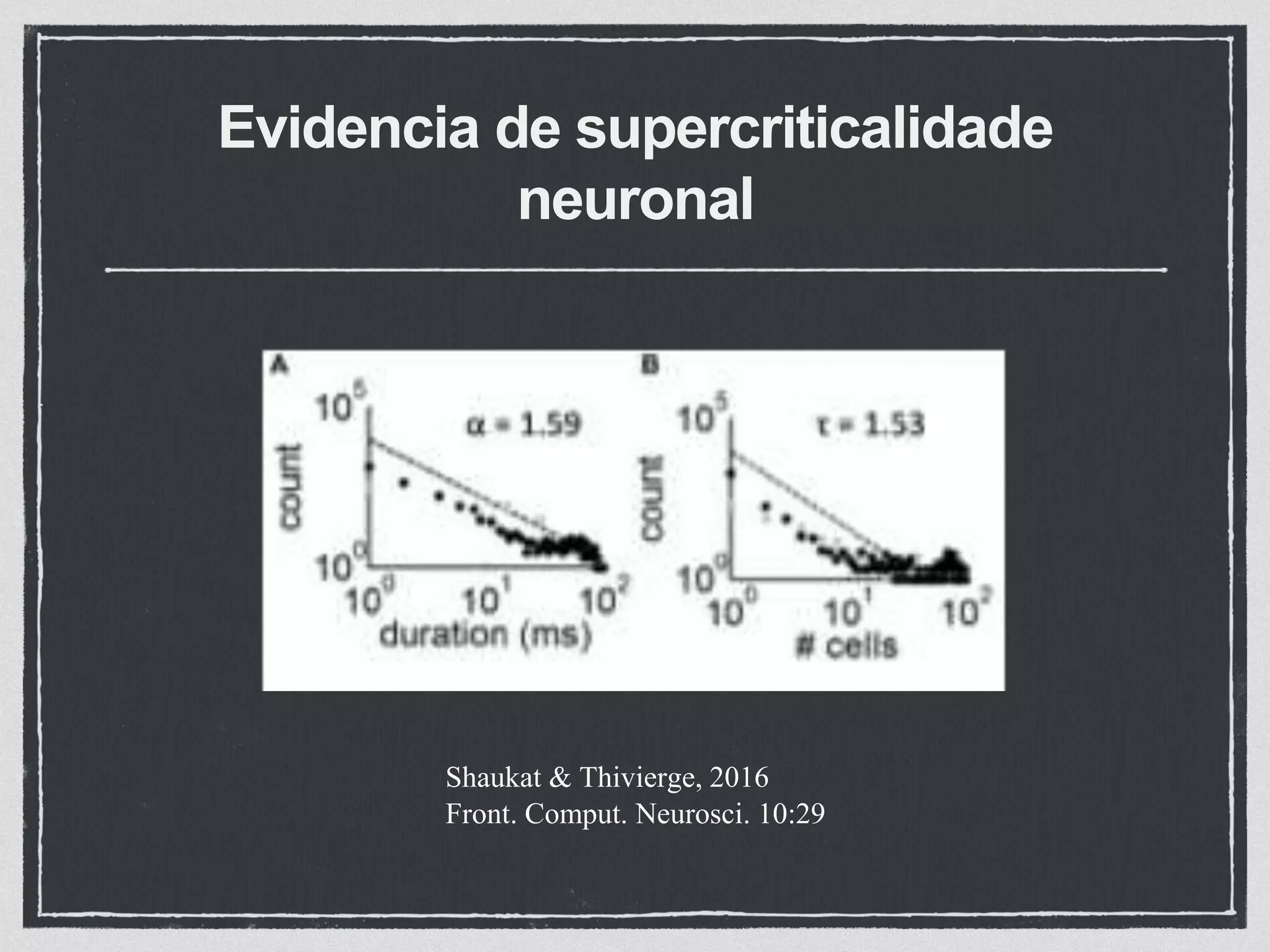 Evidencia de supercriticalidade
neuronal
Shaukat & Thivierge, 2016
Front. Comput. Neurosci. 10:29
 