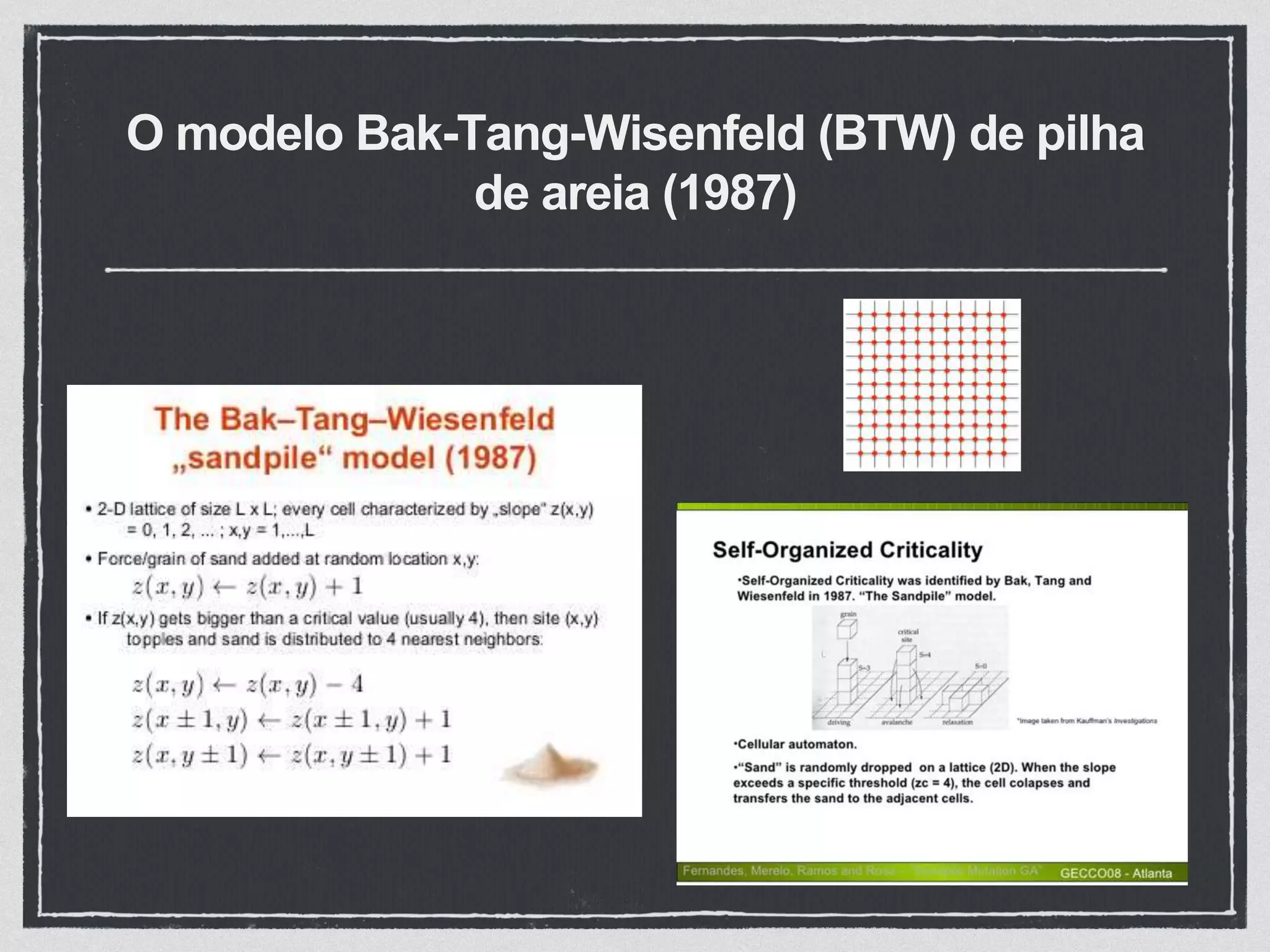 O modelo Bak-Tang-Wisenfeld (BTW) de pilha
de areia (1987)
 