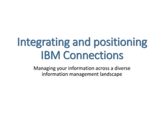 Integrating and positioning
IBM Connections
Managing your information across a diverse
information management landscape
 