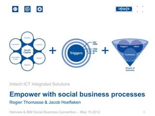 +                                  +

Imtech ICT Integrated Solutions

Empower with social business processes
Rogier Thomasse & Jacob Hoeflaken

Heliview & IBM Social Business Convention - May 15 2012       1
 