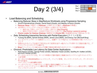Day 1


                                   Day 2 (3/4)                                            Day 2
                                                                                          Day 3     Tutorial




•   Load Balancing and Scheduling
     – Balancing Reducer Skew in MapReduce Workloads using Progressive Sampling
          •   Smriti R Ramakrishnan (Oracle), Garret Swart (Oracle), and Aleksey Urmanov (Oracle)
          •   Reducer Skew: 中間キーのReducerへの割り当ての偏り→Reducerが律速に
          •   実行時サンプリングデータを元に中間キーの割り当てを平準化
                 –   頻度の高い中間キーはサブキーに分割して割り当て (Key Chopping)
                 –   頻度が平均的な中間キーは負荷が平均化するように割り当て (Key Packing = greedy bin packing)
          •   Oracle Loader for Hadoop (Hadoopの最終出力をOracle DBに高速書き込み) で使われている
     – Zeta: Scheduling Interactive Services with Partial Execution (タイトル変更)
          •   Yuxiong He (MSR), Sameh Elnikety (MSR), James Larus (MSR), and Chenyu Yan (Microsoft Bing)
          •   インタラクティブサービス(検索エンジン、金融サービス等)のように時間制約の強いスケジュー
              リング
          •   時間がかかるジョブは途中で実行を止めて結果を返す→他のジョブの割り当て遅延を避ける、プ
              リエンプションのコストを避ける
          •   Bingのバックエンドに組み込んだ実験で検索品質を保ちながらリソースを20%強削減
     – Chronos: Predictable Low Latency for Data Center Applications
          •   Rishi Kapoor (UCSD), George Porter (UCSD), Malveeka Tewari (UCSD), Geoffrey M. Voelker (UCSD),
              and Amin Vahdat (UCSD)
          •   データセンタアプリでは、サービス時間の予測可能性と制御されたレイテンシ(テイルレイテン
              シ)が重要
          •   カーネルでの遅延要因(割込ハンドリング、バッファ管理、ネットワークスタック、データコピー
              等々)の除去
              →ユーザレベル通信APIを提供
          •   ユーザアプリスレッド間でのロック競合の解決をNICにオフロード
              →パケットにパーティションIDを付番、NIC上でパーティションIDのハッシュ値を計算してCPU
              スレッドにマッピング
 