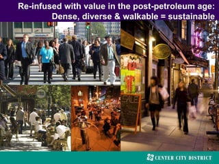 Re-infused with value in the post-petroleum age:
Dense, diverse & walkable = sustainable
 