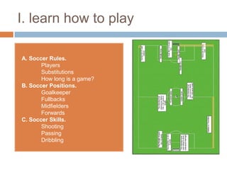 I. learn how to play

A. Soccer Rules.
       Players
       Substitutions
       How long is a game?
B. Soccer Positions.
       Goalkeeper
       Fullbacks
       Midfielders
       Forwards
C. Soccer Skills.
       Shooting
       Passing
       Dribbling
 