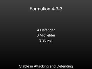 Formation 4-3-3
4 Defender
3 Midfielder
3 Striker
Stable in Attacking and Defending
 