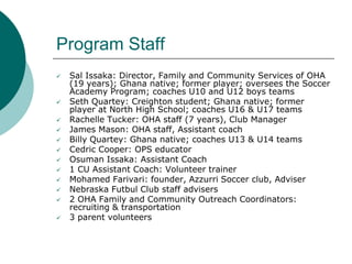 Program Staff














Sal Issaka: Director, Family and Community Services of OHA
(19 years); Ghana native; former player; oversees the Soccer
Academy Program; coaches U10 and U12 boys teams
Seth Quartey: Creighton student; Ghana native; former
player at North High School; coaches U16 & U17 teams
Rachelle Tucker: OHA staff (7 years), Club Manager
James Mason: OHA staff, Assistant coach
Billy Quartey: Ghana native; coaches U13 & U14 teams
Cedric Cooper: OPS educator
Osuman Issaka: Assistant Coach
1 CU Assistant Coach: Volunteer trainer
Mohamed Farivari: founder, Azzurri Soccer club, Adviser
Nebraska Futbul Club staff advisers
2 OHA Family and Community Outreach Coordinators:
recruiting & transportation
3 parent volunteers

 