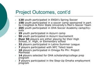 Project Outcomes, cont’d












120 youth participated in ENSA's Spring Soccer
150 youth participated in a soccer camp sponsored in part
by Creighton & Penn State University's Men's Soccer Team
265 youth participated in OHA Soccer Academy camp/tryouts
29 youth participated in Azzurri camp
50 youth participated in Azzurri tournament
Over 50 players are either playing for their High
School, Jr. High, or Elementary school
32 players participated in Latino Summer League
7 players participated with NFC Telect team
10 players participated in Omega Psi Phi: Project
Manhood
14 players selected for OHA scholarship/college prep
program
7 players participated in the Step-Up Omaha employment
program

 