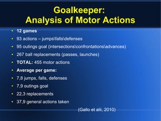 Goalkeeper:
Analysis of Motor Actions
● 12 games
● 93 actions – jumpsfallsdefenses
● 95 outings goal (intersectionsconfrontationsadvances)
● 267 ball replacements (passes, launches)
● TOTAL: 455 motor actions
● Average per game:
● 7,8 jumps, falls, defenses
● 7,9 outings goal
● 22,3 replacements
● 37,9 general actions taken
(Gallo et alii, 2010)
 