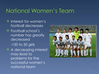 Interest for women’s football decreases  Football school’s number has greatly decreased -150 to 50 girls A decreasing interest may lead to problems for the successful women’s national team 