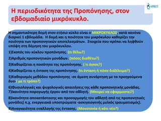 Η περιοδικότητα της Προπόνησης, στον
εβδομαδιαίο μικρόκυκλο.
Η σημαντικότερη δομή στον ετήσιο κύκλο είναι ο ΜΙΚΡΟΚΥΚΛΟΣ, κατά κανόνα
διαρκεί 1 εβδομάδα. Η δομή και η ποιότητα του μικρόκυλου καθορίζει την
ποιότητα των προπονητικών αποτελεσμάτων. Στοιχεία που πρέπει να ληφθούν
υπόψη στη δόμηση του μικρόκυκλου.
1)Σκοπός του κύκλου προπόνησης. (τι θέλω?)
2)Αριθμός προπονητικών μονάδων. (πόσες διαθέτω?)
3)Καθορίζεται η ποσότητα της προπόνησης. ( τι όγκος?)
4)Καθορίζεται η ένταση της προπόνησης. (τι ένταση ή πόσο διάλλειμα?)
5)Καθορισμός μεθόδου προπόνησης -σε άμεση συνάρτηση με τα προηγούμενα
δυο-( με τι τρόπο?)
6)Φυσιολογικές και ψυχολογικές απαιτήσεις της κάθε προπονητικής μονάδας.
7)Ικανότητα παραγωγής έργου από τον αθλητή. (Μπορεί να εφαρμοστεί?)
8)Ικανότητα αποκατάστασης και προσαρμογής του αθλητή από τις προπονητικές
μονάδες( π.χ. ενεργειακά υποστρώματα -ασκησιογενής μυϊκός τραυματισμός).
9)Αναγκαιότητα εναλλαγής της έντασης. (Μονοτονία ή κάτι νέο?)
 