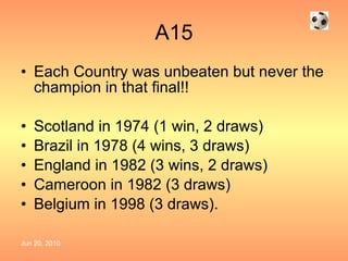 A15 Each Country was unbeaten but never the champion in that final!! Scotland in 1974 (1 win, 2 draws) Brazil in 1978 (4 wins, 3 draws) England in 1982 (3 wins, 2 draws) Cameroon in 1982 (3 draws) Belgium in 1998 (3 draws).  