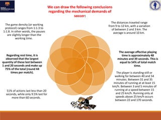 We can draw the following conclusions
regarding the mechanical demands of
soccer:
The distances traveled range
from 9 to 12 km, with a variation
of between 2 and 3 km. The
average is around 10 km.
The average effective playing
time is approximately 48
minutes and 39 seconds. This is
equal to 54% of total match
time.
The player is standing still or
walking for between 40 and 54
minutes. Between 31 and 35
minutes of running at at least 15
km/h. Between 3 and 5 minutes of
running at a speed between 15
and 25 km/h. Running only at
speeds above 25 km/h occurs
between 22 and 170 seconds.
51% of actions last less than 20
seconds, while only 9.5% last for
more than 60 seconds.
Regarding rest time, it is
observed that the largest
quantity of these last between
1 and 20 seconds and make up
75% of the total (round 44
times per match).
The game density (or working
protocol) ranges from 1:1.3 to
1:1.8. In other words, the pauses
are slightly longer than the
working time.
 