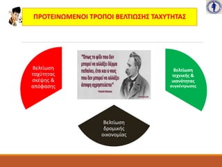 ΠΡΟΤΕΙΝΩΜΕΝΟΙ ΤΡΟΠΟΙ ΒΕΛΤΙΩΣΗΣ ΤΑΧΥΤΗΤΑΣ
Βελτίωση
τεχνικής &
ικανότητας
συγκέντρωσης
Βελτίωση
δρομικής
οικονομίας
Βελτίωση
ταχύτητας
σκέψης &
απόφασης
 