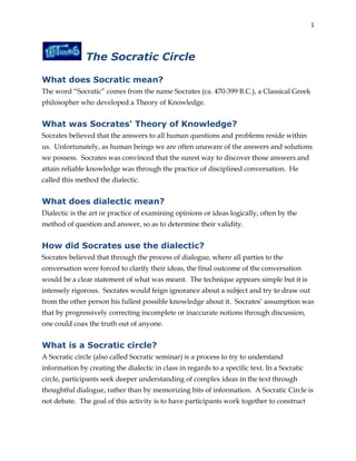 1
The Socratic Circle
What does Socratic mean?
The word “Socratic” comes from the name Socrates (ca. 470-399 B.C.), a Classical Greek
philosopher who developed a Theory of Knowledge.
What was Socrates' Theory of Knowledge?
Socrates believed that the answers to all human questions and problems reside within
us. Unfortunately, as human beings we are often unaware of the answers and solutions
we possess. Socrates was convinced that the surest way to discover those answers and
attain reliable knowledge was through the practice of disciplined conversation. He
called this method the dialectic.
What does dialectic mean?
Dialectic is the art or practice of examining opinions or ideas logically, often by the
method of question and answer, so as to determine their validity.
How did Socrates use the dialectic?
Socrates believed that through the process of dialogue, where all parties to the
conversation were forced to clarify their ideas, the final outcome of the conversation
would be a clear statement of what was meant. The technique appears simple but it is
intensely rigorous. Socrates would feign ignorance about a subject and try to draw out
from the other person his fullest possible knowledge about it. Socrates’ assumption was
that by progressively correcting incomplete or inaccurate notions through discussion,
one could coax the truth out of anyone.
What is a Socratic circle?
A Socratic circle (also called Socratic seminar) is a process to try to understand
information by creating the dialectic in class in regards to a specific text. In a Socratic
circle, participants seek deeper understanding of complex ideas in the text through
thoughtful dialogue, rather than by memorizing bits of information. A Socratic Circle is
not debate. The goal of this activity is to have participants work together to construct
 