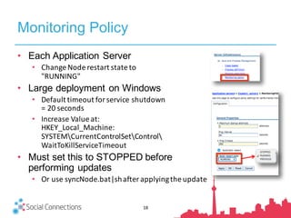 Monitoring Policy
• Each Application Server
• Change	Node	restart	state	to
"RUNNING"
• Large deployment on Windows
• Default	timeout	for	service	shutdown	
=	20	seconds
• Increase	Value	at:	
HKEY_Local_Machine:
SYSTEMCurrentControlSetControl
WaitToKillServiceTimeout
• Must set this to STOPPED before
performing updates
• Or	use	syncNode.bat|shafter	applying	the	update
18
 