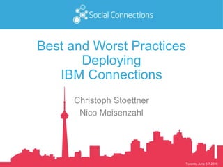 Toronto, June 6-7 2016
Best and Worst Practices
Deploying
IBM Connections
Christoph Stoettner
Nico Meisenzahl
 