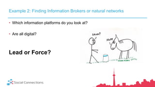 Example 2: Finding Information Brokers or natural networks
• Which information platforms do you look at?
• Are all digital?
Lead or Force?
 
