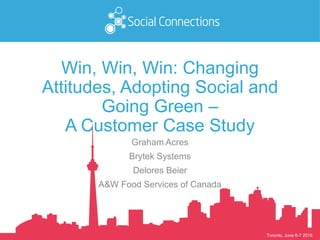 Toronto, June 6-7 2016
Win, Win, Win: Changing
Attitudes, Adopting Social and
Going Green –
A Customer Case Study
Graham Acres
Brytek Systems
Delores Beier
A&W Food Services of Canada
 