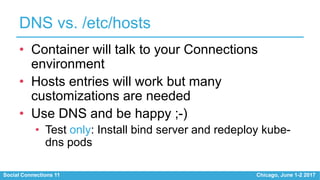 Social Connections 11 Chicago, June 1-2 2017
DNS vs. /etc/hosts
• Container will talk to your Connections
environment
• Hosts entries will work but many
customizations are needed
• Use DNS and be happy ;-)
• Test only: Install bind server and redeploy kube-
dns pods
 