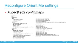 Social Connections 11 Chicago, June 1-2 2017
Reconfigure Orient Me settings
• kubectl edit configmaps
 