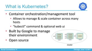Social Connections 11 Chicago, June 1-2 2017
What is Kubernetes?
• Container orchestration/management tool
• Allows to manage & scale container across many
hosts
• “kubectl” command & optional web ui
• Built by Google to manage
their environment
• Open source
 