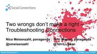 Social Connections 11 Chicago, June 1-2 2017
Two wrongs don’t make a right –
Troubleshooting Connections
Terri Warren, panagenda
@TerriLLBean
Nico Meisenzahl, panagenda
@nmeisenzahl
 