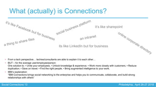 Social Connections 13 Philadelphia, April 26-27 2018
What (actually) is Connections?
it’s like Facebook but for business
i...