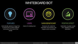 © 2018 Center for Enterprise Information Research Social Connections 14 | Berlin, 17.10. 2018 Söhnke Grams and Petra Schubert 18
FEATURES
Automatically upload an image from
a camera into an (admin-)defined
community in the name of the
sender.
MAINBENEFICIARY
Everyone who needs the
information documented in the
image as soon as possible
POSITIVEEFFECT
Automation of upload, saved
time, reliability of correct
destination.
USERS
Users of a meeting room
WHITEBOARD BOT
 