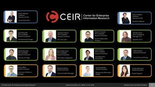 © 2018 Center for Enterprise Information Research Social Connections 14 | Berlin, 17.10. 2018 Söhnke Grams and Petra Schubert 3
FlorianSchwade
PhD Candidate
ResearchAssistant
SocialCollaboration
Analytics
Petra Schubert
Professor
Director of CEIR
Business Software
SöhnkeGrams
PhD Candidate&
ManagerUCT
Benefitsof ECS
Susan Williams
Professor
Director of CEIR
Social Informatics
ClaraNitschke
PhD Candidate
ResearchAssistant
SociotechnicalChange
JulianMosen
PhD Candidate
ResearchAssistant
SocialBusiness
Documents
MikeReuther
ResearchAssistant
SocialProcessMining
PatrickNitschke
PhD Candidate
ResearchAssistant
Internetof Things
BeritGebel-Sauer
PhD Candidate
ResearchAssistant
InformationIntegration
Jan Kiesewalter
StudentAssistant
MediaandInformation
Design
CarolinWambach
StudentAssistant
ProjectSupport
SimonMeier
StudentAssistant
UniConnectPlatform
Manager
SebastianBahles
StudentAssistant
CommunicationManager
JohannesGlitsch
PhD Candidate
ResearchAssistant
ECSUse Cases
 