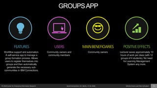 © 2018 Center for Enterprise Information Research Social Connections 14 | Berlin, 17.10. 2018 Söhnke Grams and Petra Schubert 5
FEATURES
Workflow support and automation.
A self-service app to manage a
group formation process. Allows
users to register themselves into
groups and then automatically
generate the necessary sub-
communities in IBM Connections.
MAINBENEFICIARIES
Community owners
POSITIVEEFFECTS
Lecturer saves approximately 10
hours of work per class (with 12
groups of 4 students). No need
for Learning Management
System any more.
USERS
Community owners and
community members
GROUPSAPP
 